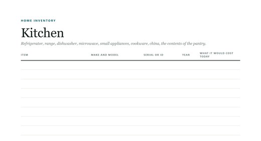 A blank kitchen inventory sheet with columns for item, make and model, serial number, year and replacement cost.