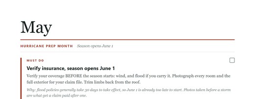The top of the May page: the month, the first task, and the reason it matters.
